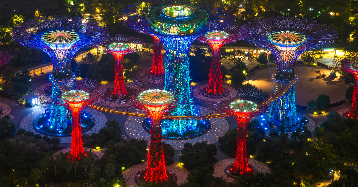 High-angle view of the beautiful Garden by the bay at night with the Supertrees all lit up.