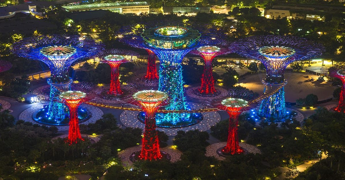 High-angle view of the beautiful Garden by the bay at night with the Supertrees all lit up.