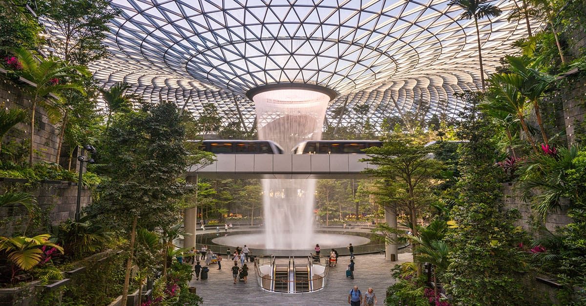 A magnificent view of Rain Vortex, the world’s tallest indoor waterfall at Jewel Changi Airport.