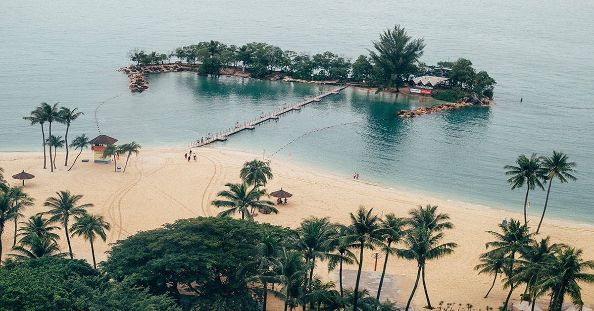 Bird’s eye view of Palawan Beach, the most famous beach in Singapore located on Sentosa Island.