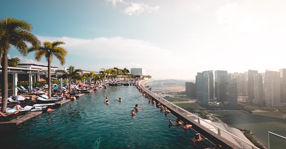 A stunning view of the SkyPark and infinity pool on the rooftop of the Marina Bay Sands Hotel.