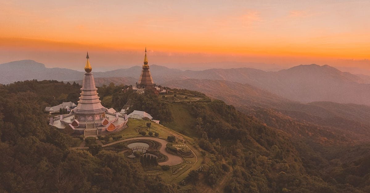 A bird’s eye view of temples on the mountaintop in Chiang Mai, the northern region of Thailand.